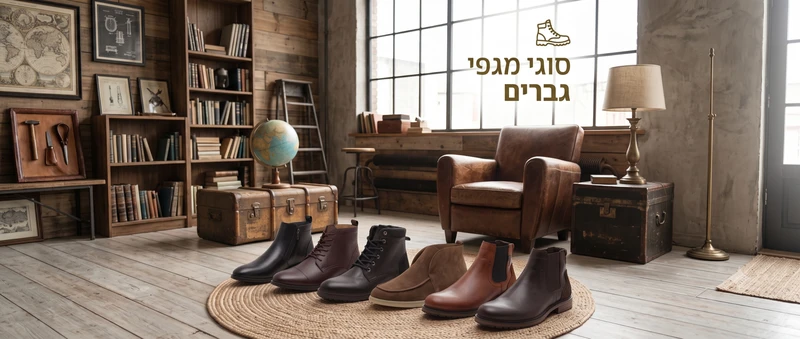 מגפיים לגברים: מגוון דגמים, חומרים וסוליות. מבט מלפנים על שורה של מגפיים.